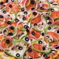 Spring Veggie · Traditional red pizza sauce, mushrooms, green peppers, black olives, tomatoes, red onions an...