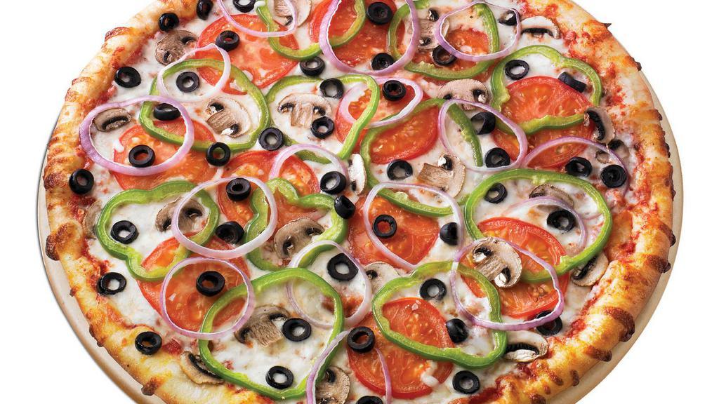 Spring Veggie · Traditional red pizza sauce, mushrooms, green peppers, black olives, tomatoes, red onions and mozzarella cheese.