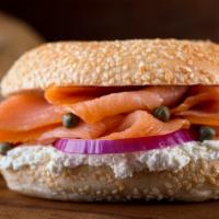 Fresh Bagel With Low-Fat Lox Spread · Customer's choice of Bagel, served toasted with a side of Low-Fat Lox Spread.