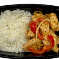 Sweet Chicken · Served with jasmine rice, red peppers & onion.
