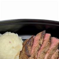 London Broil · served with baby reds mashed potato & asparagus