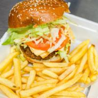 Cheese Burger · 8 oz beef burger, American cheese, lettuce, and tomato.