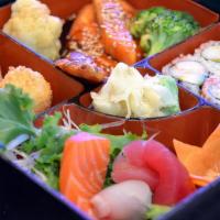 Dinner Bento Box · Served with miso soup, green salad, California roll, shumai, shrimp tempura and rice.