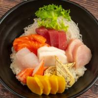 Chirashi · Assorted sashimi with sushi rice on the side. 3 tuna, 2 salmon, 2 yellowtail, 2 white tuna, ...