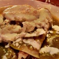 Enchiladas De Pollo Verdes · Chicken enchiladas in tomatillo salsa verde house-made queso fresco, Mexican crema, sweet ma...