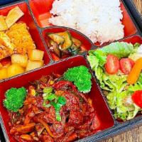 Spicy Pork Bento Box · Rice, spicy pork, and side dishes. Spicy.