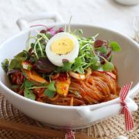 Jolmyun · Thick noodles, carrot, cucumber, bean sprouts, cabbage, and egg. Spicy.