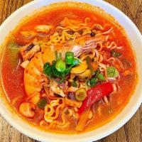 Jjam Pong Ramen · Ramen, Seafood, Cabbage, Carrot, Bell Pepper, Egg, and Scallions. Spicy.
