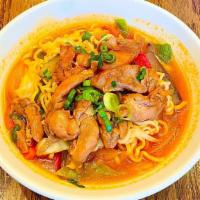 Teriyaki Chicken Ramen · Ramen, teriyaki chicken, Cabbage, Carrot, Bell Pepper, Egg, and Scallions. Spicy.