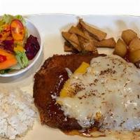 Cheese Donkatsu · Pork cutlet with cheese, fish cakes, potatoes, salad, and gravy sauce.