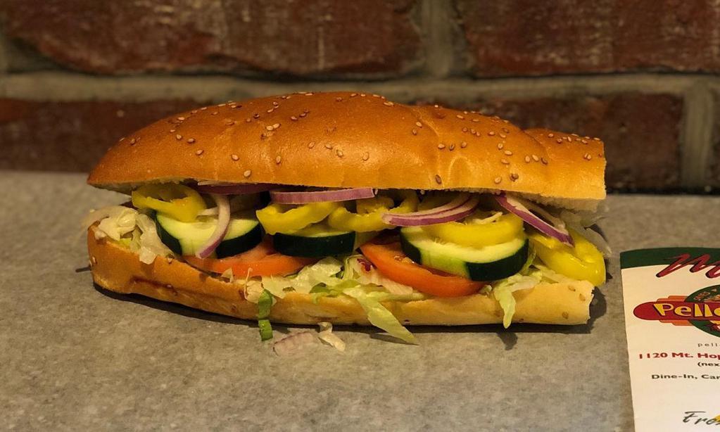 *Veggie - Large · cucumbers, tomatoes, red onion, lettuce, banana peppers, oil dressing, provolone cheese