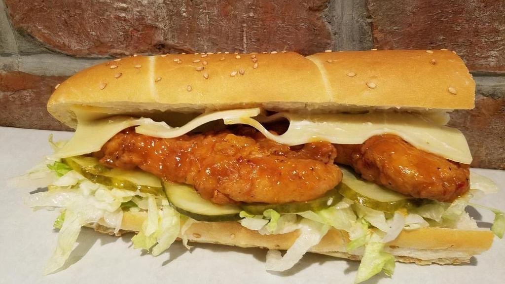 *Sweet & Spicy Chicken - Large · breaded crispy chicken, sweet & spicy sauce, swiss cheese, lettuce, mayo, pickles