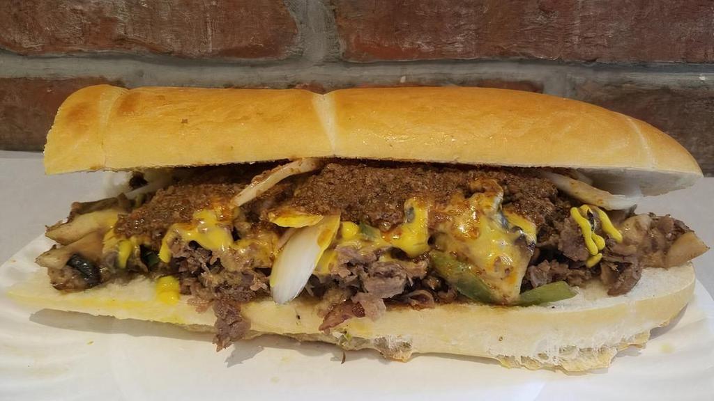 *Roc Cheesesteak - Medium · a pellegrino’s original, grilled usda choice grain-fed sirloin steak, peppers, sautéed mushrooms, topped with american cheese, mustard, onions and meat hot sauce