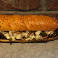 *Smoke & Fire Cheesesteak - Medium · thinly sliced usda grain-fed choice sirloin steak, grilled with peppers, onions, sautéed mus...