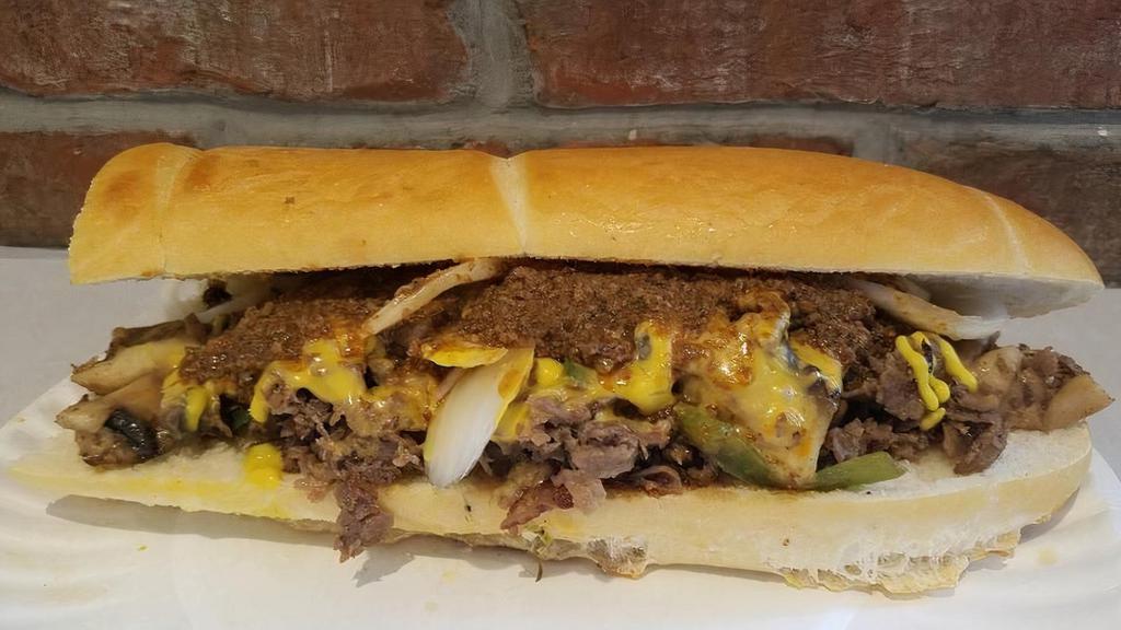*Roc Cheesesteak - Large · a pellegrino’s original, grilled usda choice grain-fed sirloin steak, peppers, sautéed mushrooms, topped with american cheese, mustard, onions and meat hot sauce