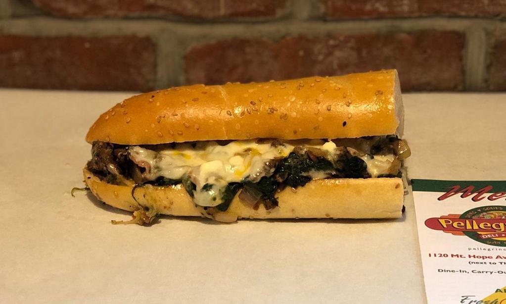 *Steak In The Grass - Large · grilled tender usda choice grain-fed sirloin steak with sautéed spinach, onions, chopped bacon and provolone cheese