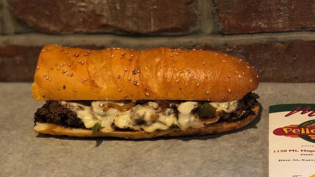 *Smoke & Fire Cheesesteak - Large · thinly sliced usda grain-fed choice sirloin steak, grilled with peppers, onions, sautéed mushrooms, smoke & fire sauce and  provolone cheese