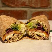 *Greek Chicken Wrap · grilled sliced chicken, romaine, tomatoes, red onion, feta, kalamata olives, red wine vinaig...