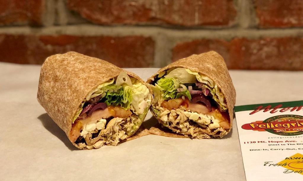 *Greek Chicken Wrap · grilled sliced chicken, romaine, tomatoes, red onion, feta, kalamata olives, red wine vinaigrette