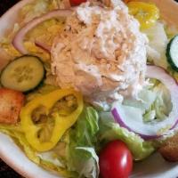 *Chicken Chef Salad · chicken salad, salad greens, tomatoes, cucumbers, red onions, croutons, banana peppers, choi...