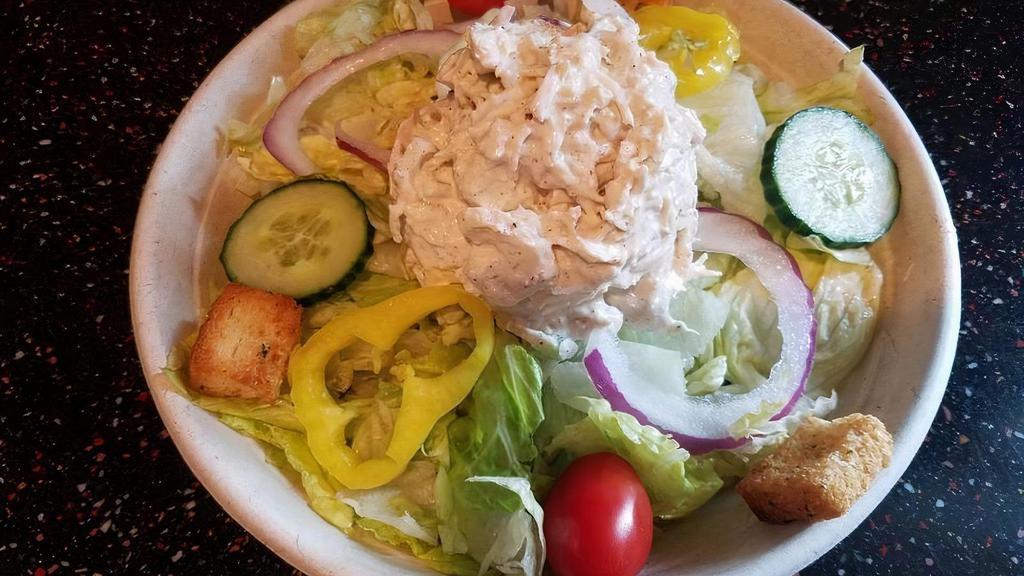 *Chicken Chef Salad · chicken salad, salad greens, tomatoes, cucumbers, red onions, croutons, banana peppers, choice dressing