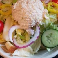 *Albacore Tuna Salad · albacore white tuna salad, salad greens, tomatoes, cucumbers, croutons, banana peppers, choi...