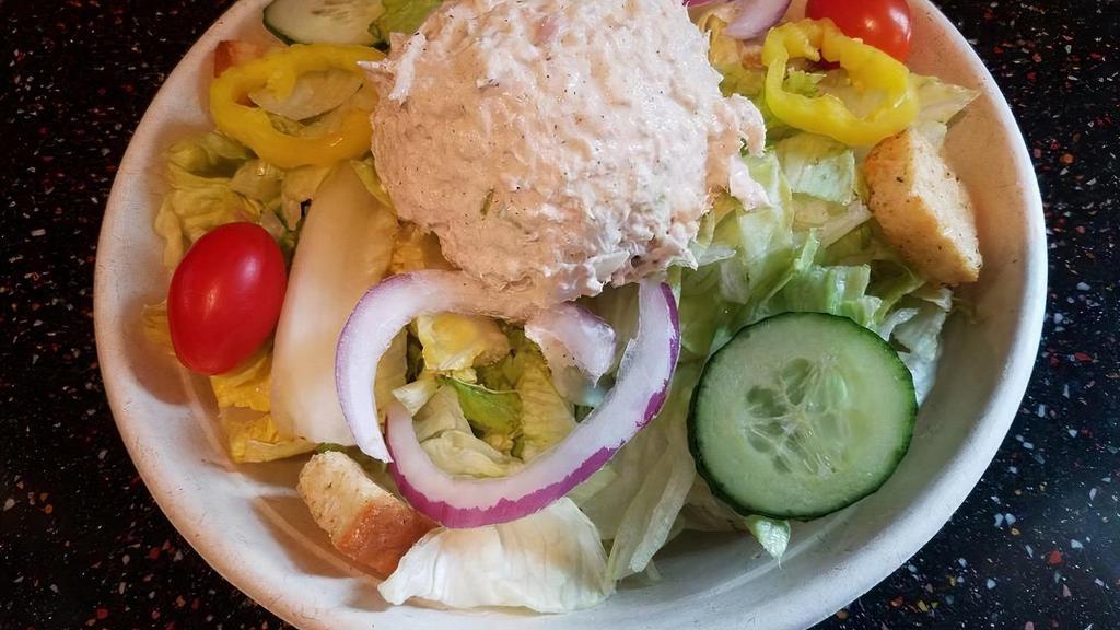 *Albacore Tuna Salad · albacore white tuna salad, salad greens, tomatoes, cucumbers, croutons, banana peppers, choice dressing