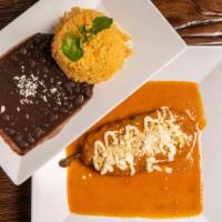 Chiles Rellenos · Stuffed poblanos peppers with cheese. Served with rice and beans.