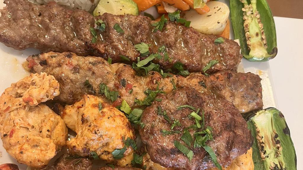 Mixed Kebab For Two · Lamb shish, lamb meatballs, lamb adana, chicken shish and chicken adana. No substitutions, please.