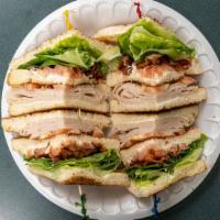Grilled Chicken Club Sandwich · Grilled chicken, bacon, with lettuce, tomato, mayo on toast.