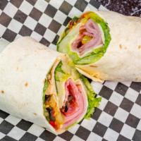 Antipasto Wrap · Ham, salami, provolone cheese, lettuce, tomato, banana peppers, roasted red peppers with Ita...
