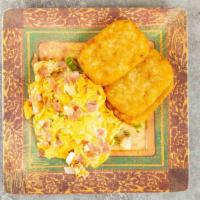 Western Omelette · Three eggs with ham, American cheese, peppers, and onions, served with home fries and your c...