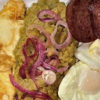 Caribeño · Mangu, dos huevos fritos, salami y queso frito / Mangu, two fried eggs, salami and fried che...