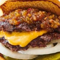 Hot Mess W/ Beef · Two Pat la Frieda beef patties, pickled cherry pepper and bacon relish, American cheese, and...