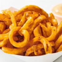 Curly Fries W/Chipotle Mayo · skin-on Kennebec potato, curled up, dusted with paprika and spices, and served with our smok...
