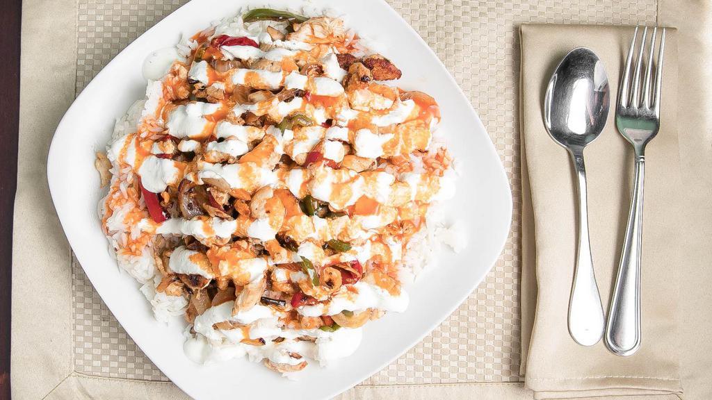Chicken Over Rice · Pepper, onion, red hot sauce and white sauce.