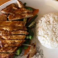 Chicken Teriyaki · Served with soup, salad, and rice.