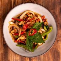 Pad Ka Prow (Basil) · Thai chili, onion, bell peppers and basil leaves.