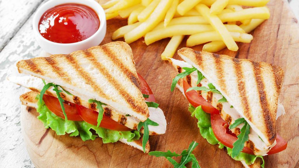 The Chicken Club Panini · Delicious Panini made with Grilled Chicken, Smoked bacon, Brie cheese, plum tomatoes, and House dressing.