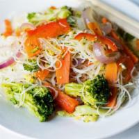Vegetable Chow Mei Fun菜米粉 · Thin rice noodles, Chinese vegetables, carrots, broccoli and snow peas.