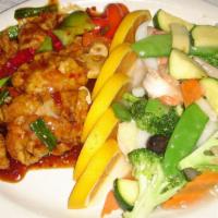 Dragon And Phoenix / 龙凤配 · Combination of General Tso chicken and shrimp with mix vegetable.