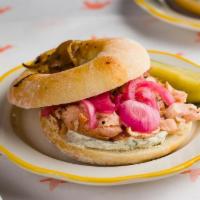 Best Bialy · House Hot Smoked Pastrami Salmon, Dill Caper Cream Cheese + Pickled Onions on a Bialy