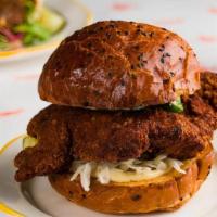 Chicken Schnitzel · Fried Chicken Cutlet, Dill-y Cukes, Pickled Cabbage + Mustard Mayo on Challah