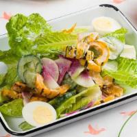 The Big Salad · Baby Romaine, Cukes, Hardboiled Eggs + Seasonal Veggies with Tahini Ranch Dressing