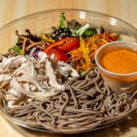 Soba Salad With Chicken · Our original salad with assorted greens, chicken and soba (buckwheat) in our original tangy ...