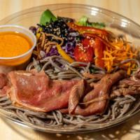 Soba Salad With Beef · Our original salad with assorted greens, beef and soba (buckwheat) in our original tangy dre...