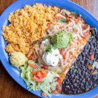 Enchiladas Rojas · Steak or chicken ( or both!) with Monterey jack cheese, grilled onions, red & green peppers,...