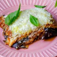 Parmigiana Slice · Baked Eggplant, Boiled Eggs, Parmiggiano Cheese, Fresh Mozzarella Cheese