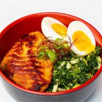 Salmon Miso · Gluten-free. Grilled salmon marinated in house-made miso paste. The image is with kale salad...