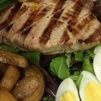 Nicoise Salad · Mixed greens, grape tomatoes, green beans, olives, boiled egg, roasted potatoes, tuna steak ...